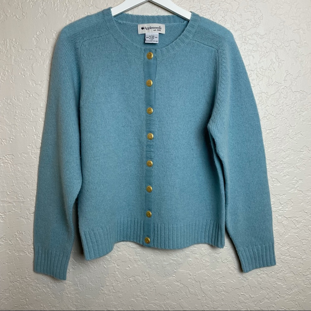 VNTG Appleseeds Pastel Aqua Blue Wool Cardigan